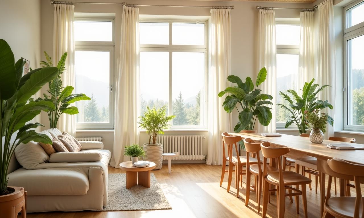 Ein lichtdurchfluteter Wohnraum mit natürlichen Holzmöbeln und Leinenstoffen