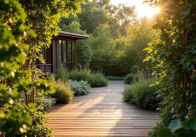 Ein üppiger, naturnaher Garten mit Holzterrasse und vielfältiger Bepflanzung