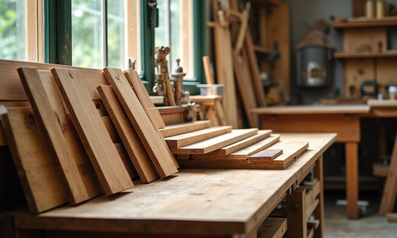 Nahaufnahme verschiedener Holzarten in einer Werkstatt