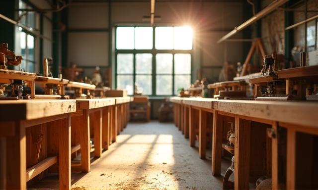 Einblicke in die Handwerkshain Tischlerwerkstatt mit Sonnenlicht
