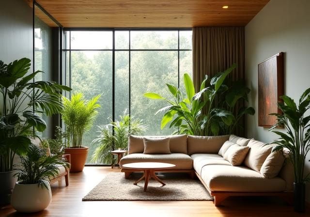 Nachhaltig gestaltetes Wohnzimmer mit vielen Pflanzen